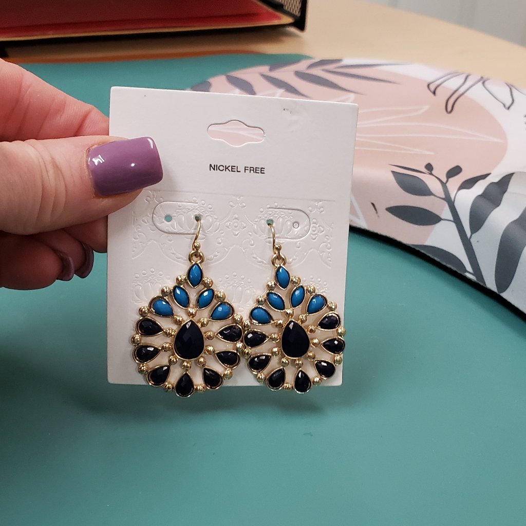 Nickel Free, Nwt, Gold Tone Blue Black Jewel Drop Dangle Fashion Earrings
